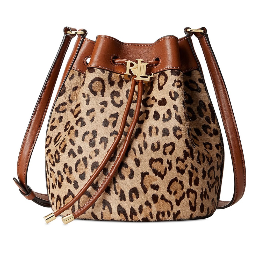 RALPH LAUREN Andie Drawstring Crossbody Bucket Bag Leopard Calf Hair NWT $325